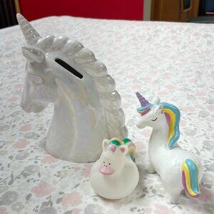 Unicorn trio - Pearlescent ceramic bank, figurine, uni-duck - Fun!